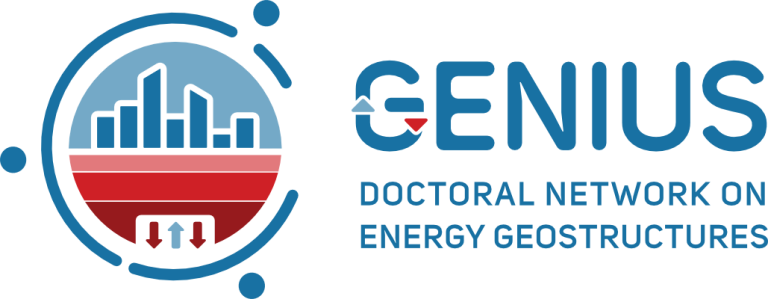 GENIUS logo featuring a blue circular emblem with stylised buildings and red geometric base elements, alongside the text ‘GENIUS – Doctoral Network on Energy Geostructures’ in blue