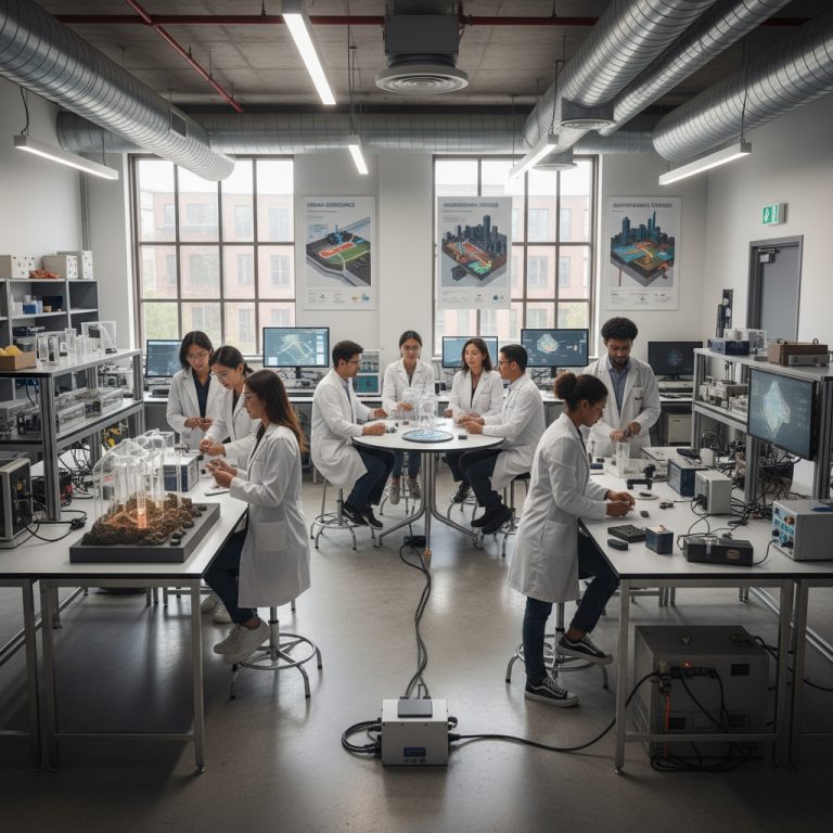 Modern research laboratory with a diverse team of scientists in white lab coats working at computers and analysing data displays, with large digital screens showing engineering and geostructure models in a bright, high-tech workspace