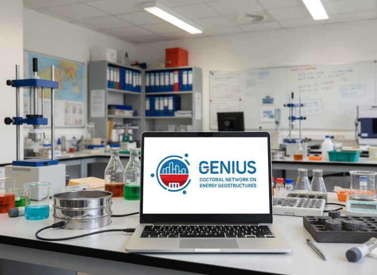 Modern laboratory workspace featuring a laptop displaying the GENIUS logo (Doctoral Network on Energy Geostructures) on a lab bench surrounded by scientific equipment, glass beakers with colored liquids, sample containers, and testing apparatus. The bright research lab includes shelves of binders, a whiteboard with notes, and analytical instruments in the background, suggesting an engineering or geoscience research environment.