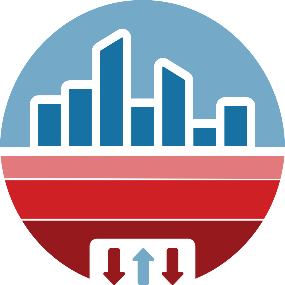 A circular graphic shows a city skyline above horizontal red layers representing underground strata. Beneath these layers, three arrows—two red pointing down and one blue pointing up—illustrate the movement of heat or energy below the surface. The image appears to symbolize geothermal energy or underground thermal exchange in an urban environment