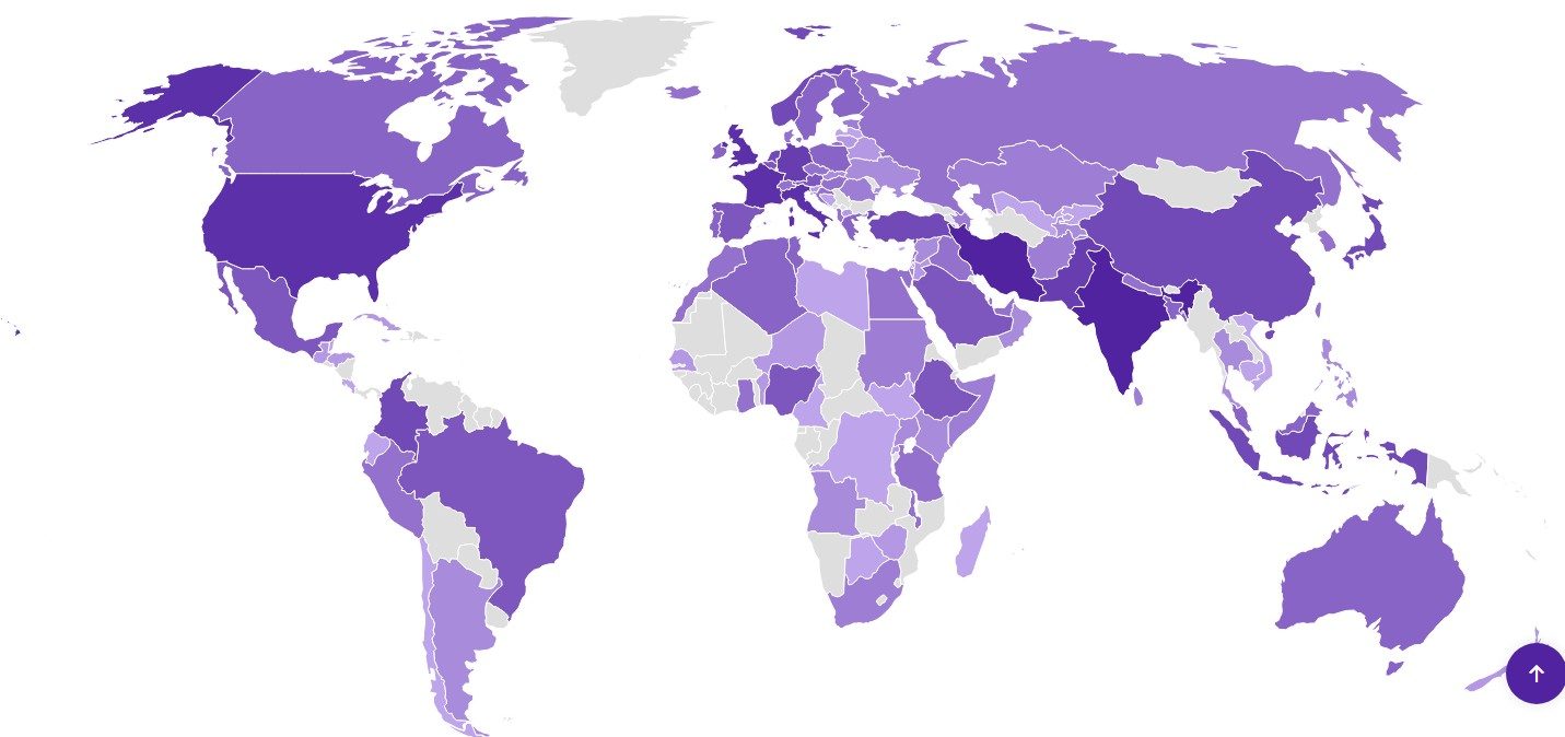 World map with different shades of purple highlighting engagement with the website