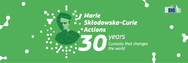 Logo and illustration for MSCA celebrating 30 years, showing scientific curiosity and innovation that impact the world in green